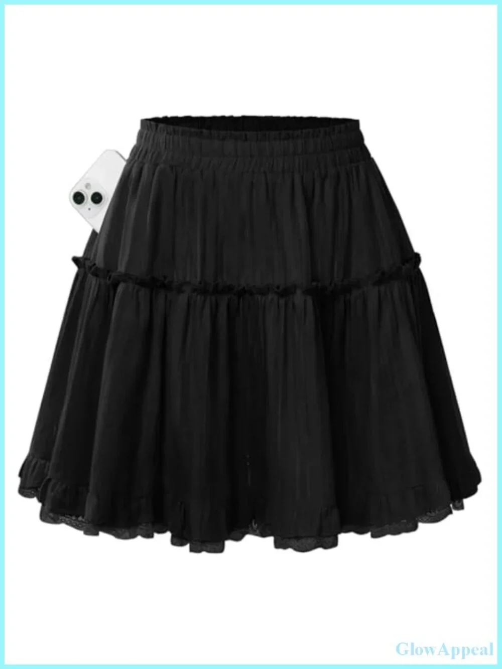 Women Cotton Mini Skort with Ruffle Trim and Lace Underlay, High Waist A-Line